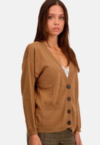 Cardigan en tricot brun, avec un col en V, des boutons sur le devant et deux poches. Texture douce avec des accents côtelés aux poignets et à l'ourlet.