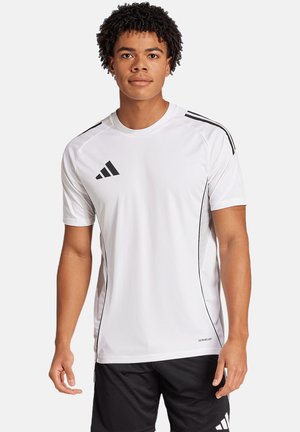 White athletic shirt with black accents and three black stripes on the shoulders. Features a crew neck and textured fabric.