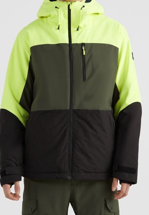 Color-blocked winter jacket in neon yellow, dark green, and black with full zipper, hood, chest pocket, and adjustable wrist straps.