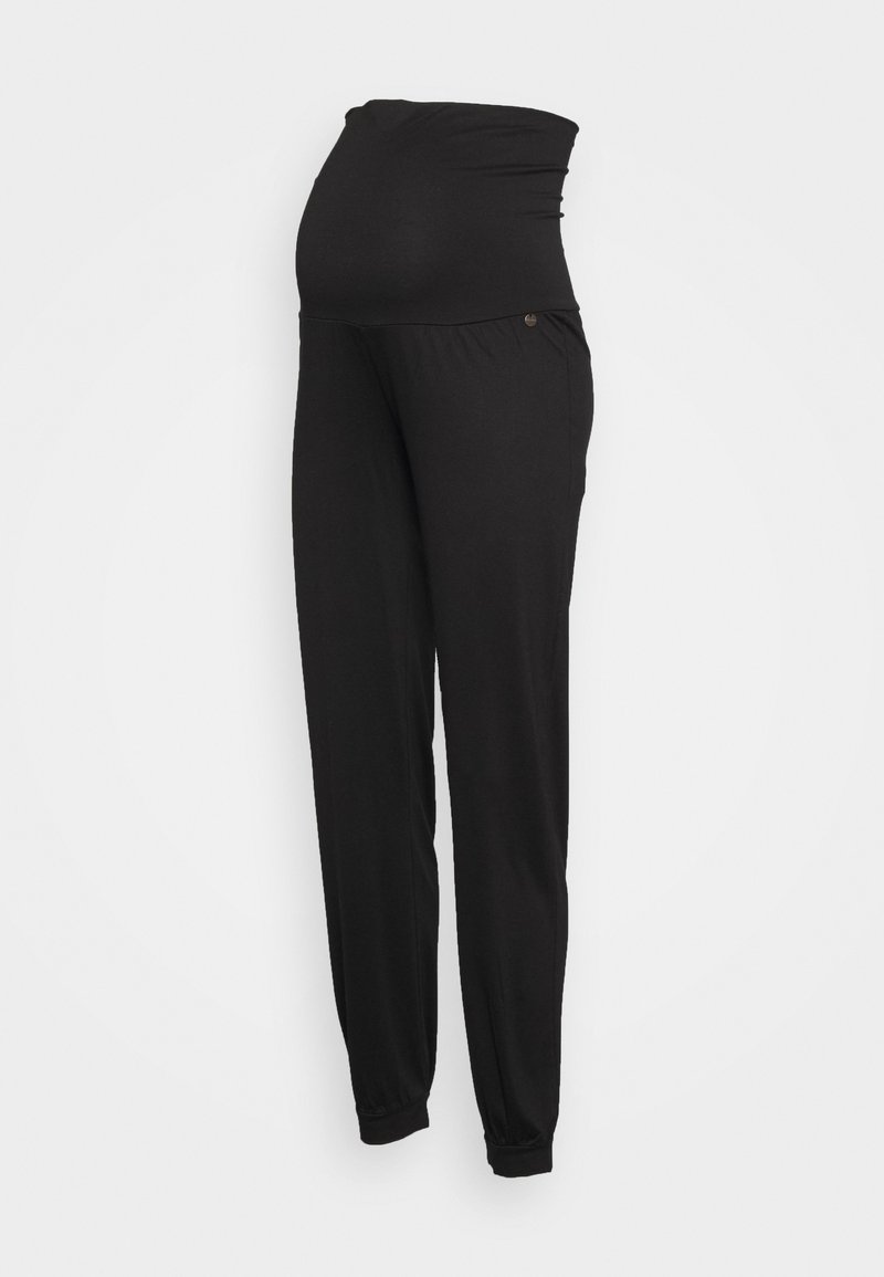 Calças de maternidade pretas, com um cós elástico acima da barriga, punhos elásticos e bolsos laterais. Feitas de um tecido suave e respirável.