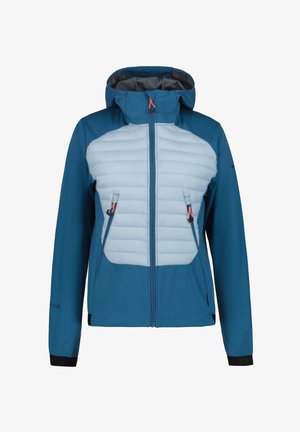 Blauwe en lichtgrijze geïsoleerde jas met een capuchon, rits aan de voorkant, twee zijzakken en elastische manchetten voor een veilige fit.