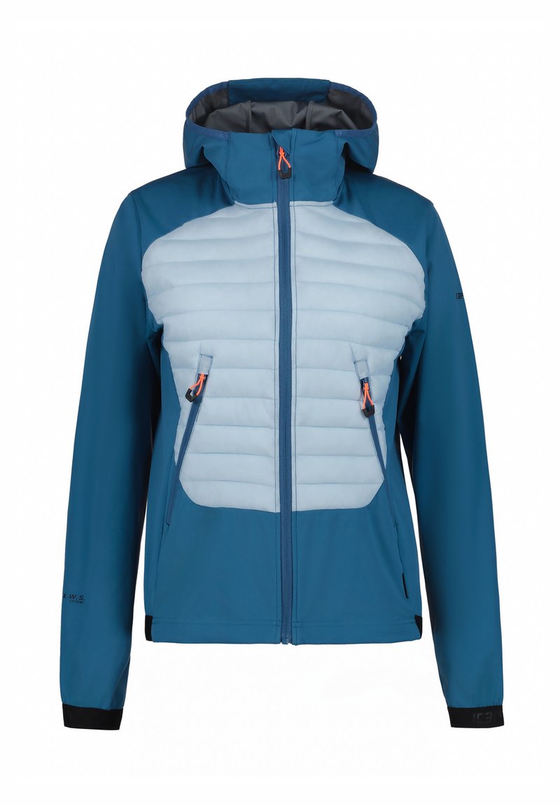 Blauwe en lichtgrijze geïsoleerde jas met een capuchon, rits aan de voorkant, twee zijzakken en elastische manchetten voor een veilige fit.
