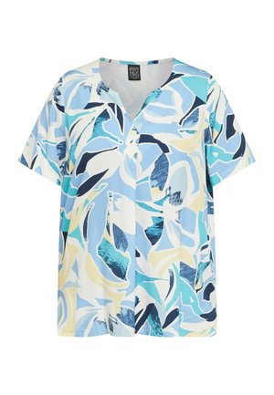 Bluzica kratkih rukava u svijetloplavoj boji, s apstraktnim cvjetnim uzorkom u tamnoplavoj, bijeloj i žutoj boji. Dizajn s V-izrezom, mekana tekstura.