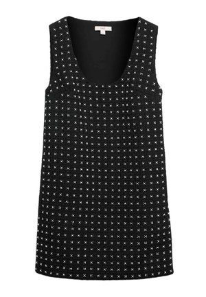 Top negro sin mangas con escote redondeado, que presenta un patrón de cuadrícula texturizada y pequeños acentos en blanco en forma de X a lo largo. Tejido suave, diseño informal.