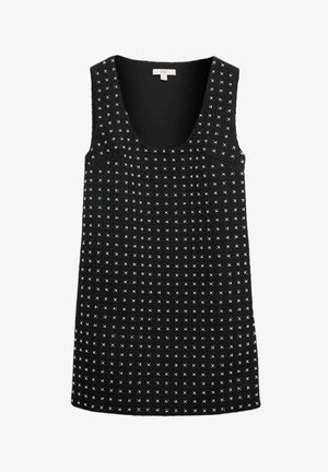 Schwarzes ärmelloses Oberteil mit rundem Halsausschnitt, das ein strukturierter Gittermuster und kleine weiße X-Akzente aufweist. Weicher Stoff, lässiges Design.