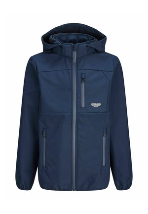 Navy blue hooded jacket with front zipper, three zippered pockets, elastic cuffs, and small white logo on chest pocket.