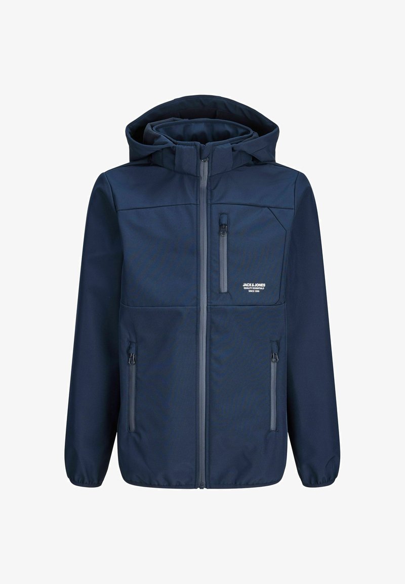 Veste bleu marine à capuche avec fermeture éclair à l’avant, trois poches zippées, poignets élastiques et petit logo blanc sur la poche poitrine.