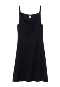 Abito nero senza maniche realizzato in tessuto morbido. Presenta un collo rotondo, spalline sottili e un orlo leggermente svasato con una texture liscia.