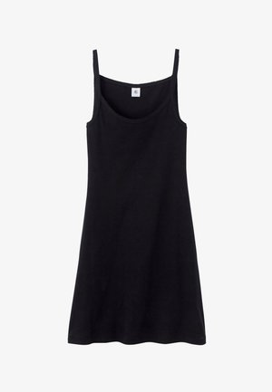 Abito nero senza maniche realizzato in tessuto morbido. Presenta un collo rotondo, spalline sottili e un orlo leggermente svasato con una texture liscia.