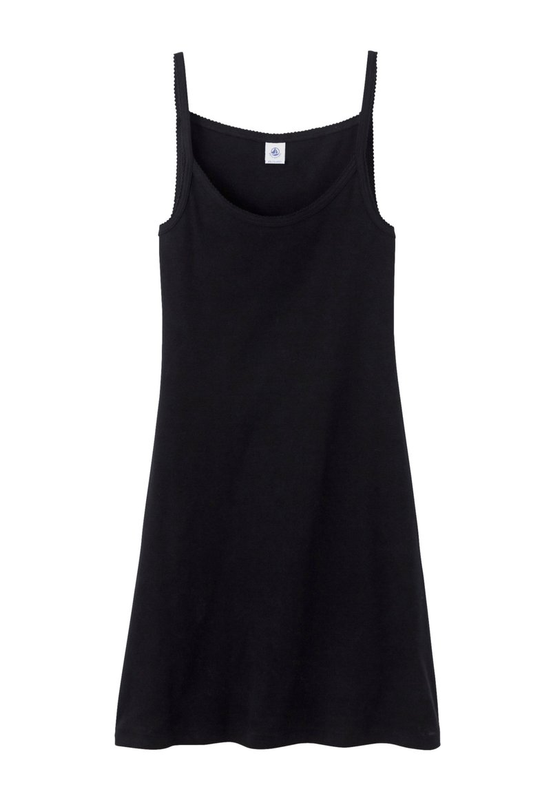 Abito nero senza maniche realizzato in tessuto morbido. Presenta un collo rotondo, spalline sottili e un orlo leggermente svasato con una texture liscia.