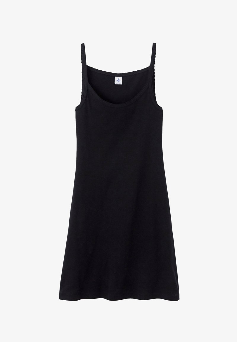 Abito nero senza maniche realizzato in tessuto morbido. Presenta un collo rotondo, spalline sottili e un orlo leggermente svasato con una texture liscia.