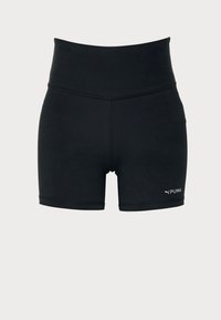 Short de sport Puma noir taille haute avec coutures visibles et logo sur la partie inférieure droite de la jambe, fond uni.