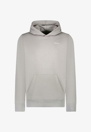 Lichtgrijze hoodie met een voorzak en een klein logo op de borst, ontworpen voor casual dragen.