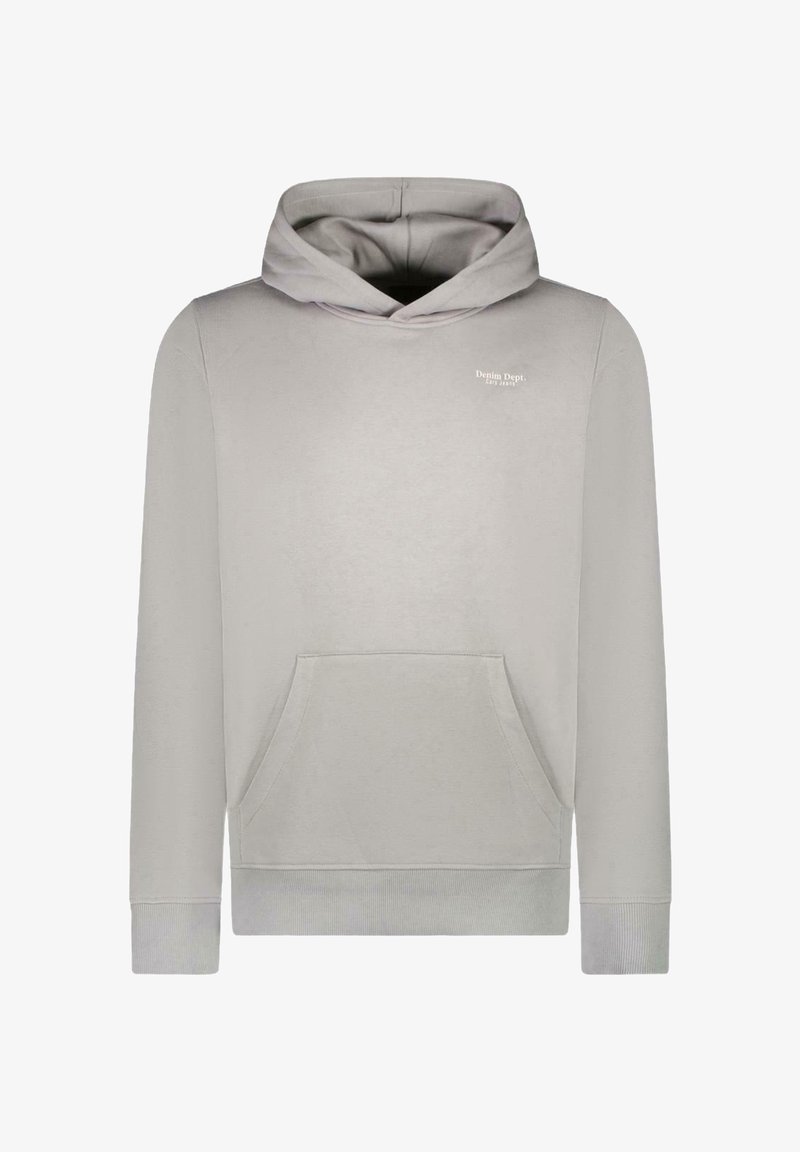 Lichtgrijze hoodie met een voorzak en een klein logo op de borst, ontworpen voor casual dragen.