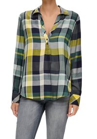 Camicia a maniche lunghe a quadri in verde, blu navy, giallo e grigio, con colletto, chiusura a bottoni e tessuto morbido con una vestibilità rilassata.