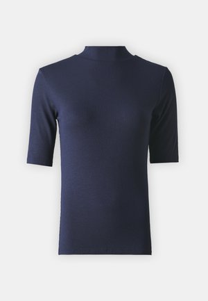 Navy blue ribbed short-sleeve top with a high mock neck design. Made from a soft, stretchy fabric for comfort and casual wear.