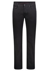 Jean en denim noir à coupe droite, design classique à cinq poches, coutures discrètes et fermeture à bouton métallique. Texture lisse, tissu de poids moyen.