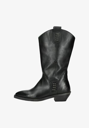 Sort læder cowboystøvle med spids tå, mellemhøjde til læggen, dekorativ søm og metalaccenter på siden. Lav stablet hæl.