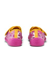 Pink and yellow children's shoes with a textured upper featuring playful animal patterns, secured with a hook-and-loop strap and rubber sole.
