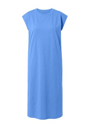 Sukienka bez rękawów, do kolan, z gładkiego, jasnoniebieskiego bawełnianego materiału, z okrągłym dekoltem i prostym krojem.