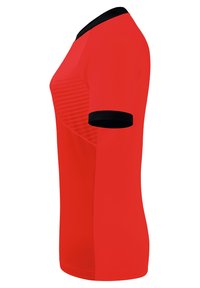 Rode sportieve jersey met korte mouwen, zwarte kraag en gestructureerd patroon op de voorkant. Glad materiaal met contrasterende zwarte mouwhalsen.