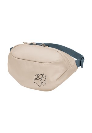Beige Bauchtasche mit zwei Reißverschlussfächern, dunkelblauem verstellbarem Riemen und schwarzem Pfotenabdruck-Logo auf der Vorderseite.