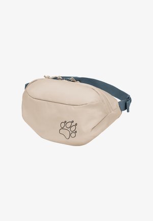 Beige Bauchtasche mit zwei Reißverschlussfächern, dunkelblauem verstellbarem Riemen und schwarzem Pfotenabdruck-Logo auf der Vorderseite.