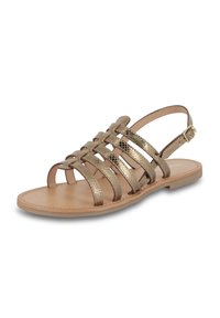 Metallic gold strappy sandal with a flat sole, featuring multiple narrow straps and an adjustable ankle buckle, made of synthetic materials.
