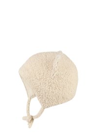 Soft cream-colored curly fleece baby hat with ear flaps and tied straps, featuring small rounded ears on top.