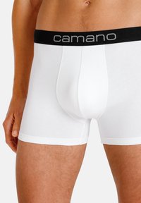 Weiße Baumwollboxershorts mit einem schwarzen elastischen Bund, auf dem der Markenname "camano" in grauen Buchstaben steht. Glatte Textur, enganliegendes Design.