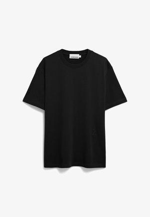 Zwarte korte mouw t-shirt van katoen; heeft een ronde halslijn en een klein, reliëflogo aan de onderkant van de linkervoorzijde.