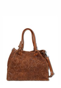 Bruine suède tas met een bloemmotief, dubbele leren handvatten en een afneembare schouderriem. Heeft een gladde afwerking en metalen accenten.