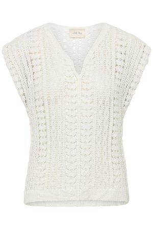 Krémový bezrukávový háčkovaný pletený top s výstrihom do V a textúrovanými zvislými vzormi.