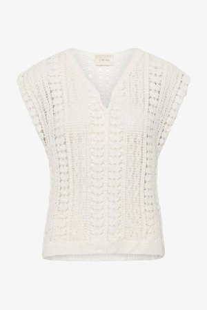 Kremasti top bez rukava od kukičanog pletiva s V-izrezom i teksturiranim vertikalnim uzorcima.