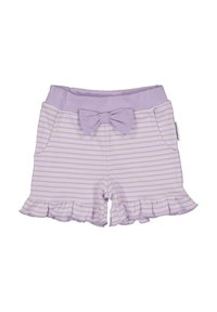 Liilan raidalliset shortsit, joissa on ribbikuvioitu vyötärö, edessä nauhakoriste ja aaltoilevat helmat. Kaksi sivutaskua. Pehmeä kangas.