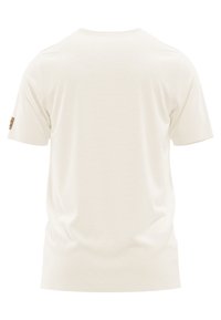 T-Shirt mit kurzen Ärmeln und Rundhalsausschnitt aus weichem, cremefarbenem Stoff. Verfügt über eine subtile Textur und ein kleines Markenschild am linken Ärmel.
