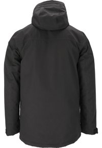 Svart isolerad jacka med huva, med en slät yta och en enkel design. Inga synliga detaljer eller mönster på baksidan.