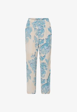 Gaisas bēša krāsas bikses ar vaļēju piegriezumu, elastīgu jostasvietu un zilu ziedu akvareļa rakstu.