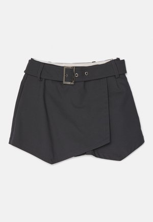 Dark gray short skirt with a belt, featuring an asymmetrical hem and smooth fabric texture, finished with visible stitching and metal hardware.
