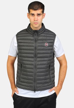 Man wearing a gray quilted sleeveless vest with Colmar logo over a white short-sleeve shirt, hands in pockets, facing forward.