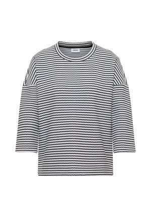 Pull en tricot à rayures noires et blanches avec un col rond et des manches trois-quarts, étiqueté "Cecil" à l'intérieur du col.