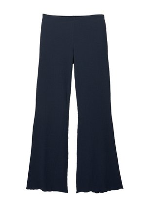 Marinblå vida byxor i texturerat tyg med hög midja och utsvängd nederkant, som har en len och flödande silhuett.