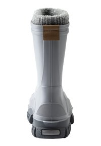 White rubber rain boot with a gray knitted cuff, textured sole, and a brown leather label. Features a rounded top and vertical seam detailing.