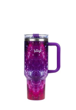 Hoge reismok met paars galaxys ontwerp, paarse handgreep, doorzichtige deksel en "baagl" logo aan de voorkant.