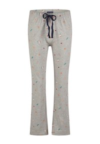 Pantalon de pyjama gris en tissu doux, doté d'une taille avec cordon de serrage. Décoré d'un motif multicolore de cœurs, fleurs et feuilles.