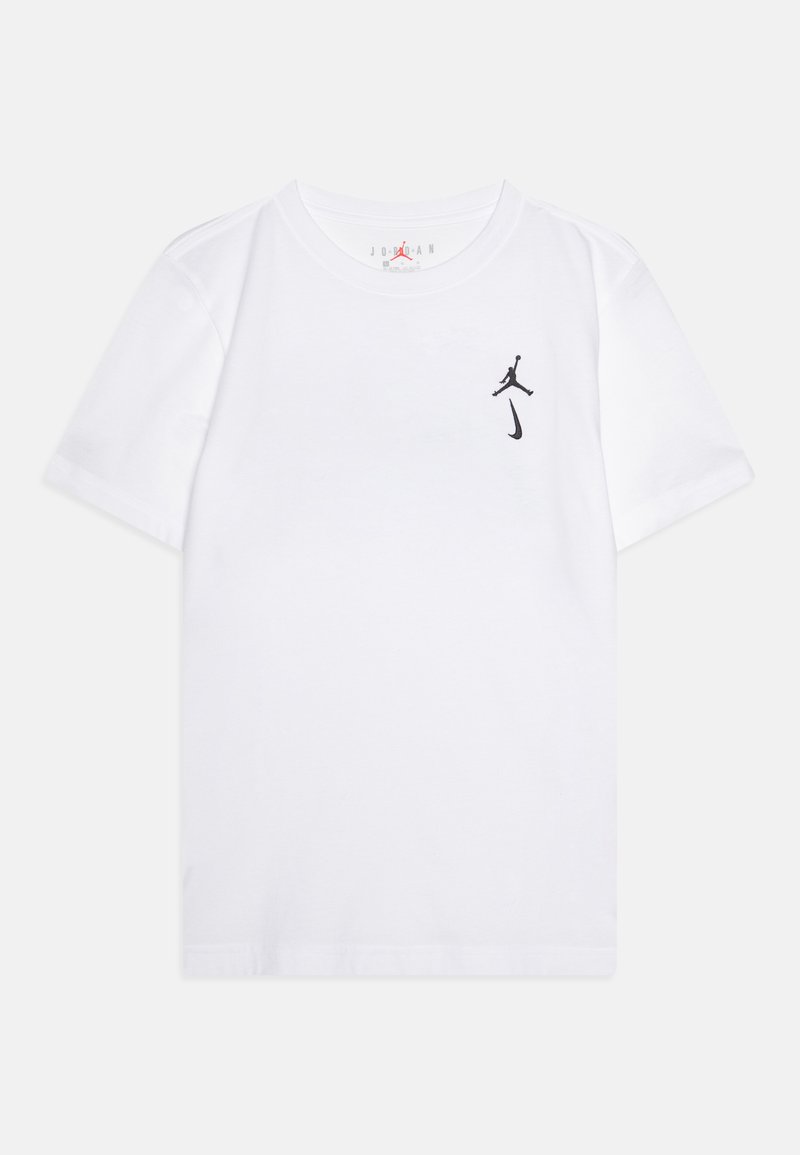 White cotton t-shirt featuring a black Jumpman logo and Nike swoosh on the left chest, classic crew neck design, smooth texture.