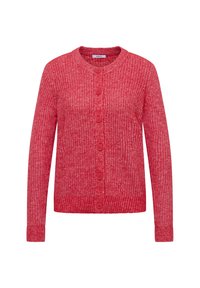 Cardigan rouge en tricot avec un col rond, des boutons sur le devant, des manches longues, et des poignets et un ourlet côtelés. Tissu texturé avec un motif de couleurs mélangées.