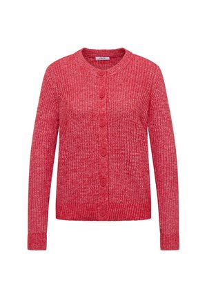 Rode gebreide cardigan met een ronde hals, knopen aan de voorkant, lange mouwen en geribde manchetten en zoom. Gelaagd stof met een gemêleerd kleurpatroon.