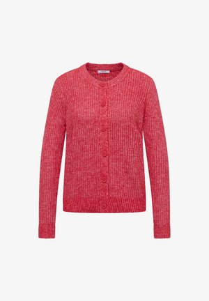 Rode gebreide cardigan met een ronde hals, knopen aan de voorkant, lange mouwen en geribde manchetten en zoom. Gelaagd stof met een gemêleerd kleurpatroon.