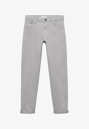 Šedé džíny slim fit, s knoflíkovým zapínáním, pěti kapsami a ohrnutými rukávy pro upravený vzhled. Hladká textura po celé délce.